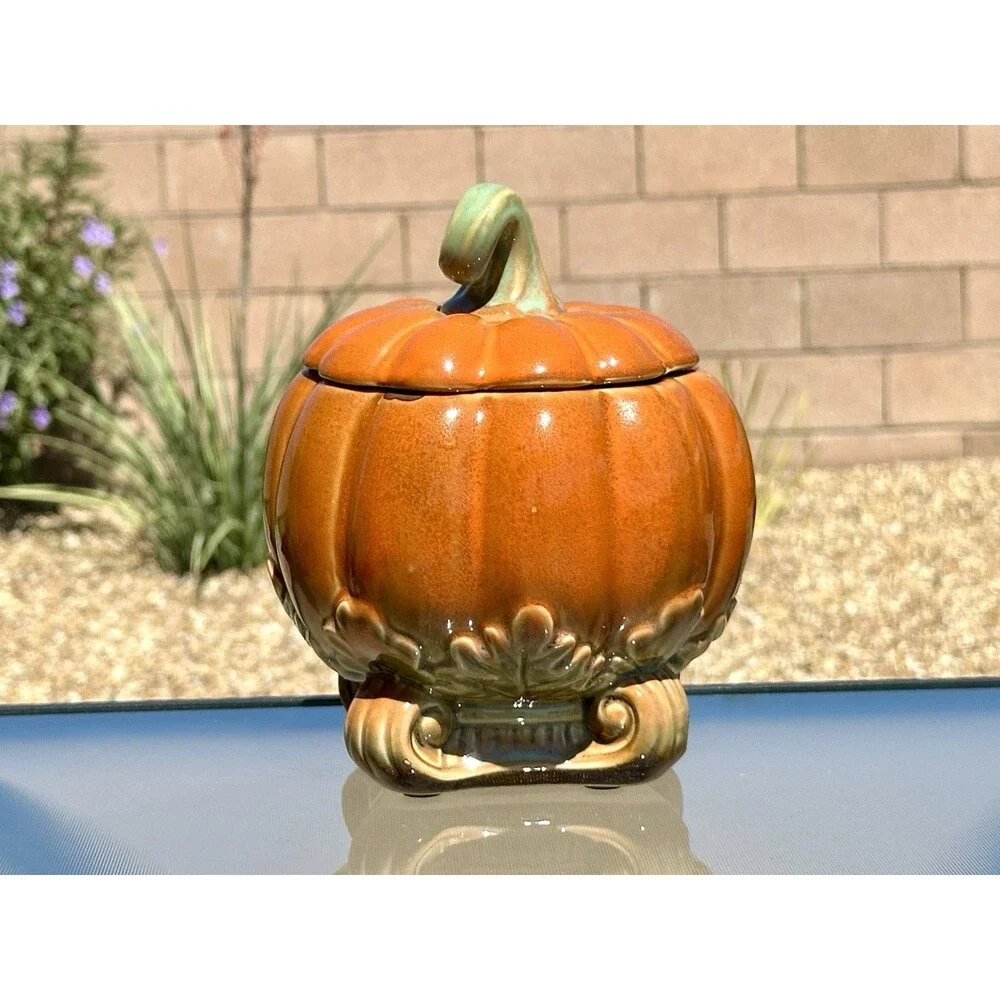 Pumpkin Ceramic Cookie Candy Jar Autumn Fall Halloween w/ Lid Orange Green Stem